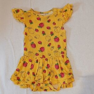Girls' Yellow Strawberry-Print Casual Ruffle Dress